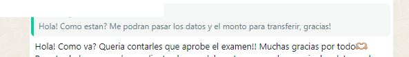 Mensaje de una alumna comunicando que aprobó el examen